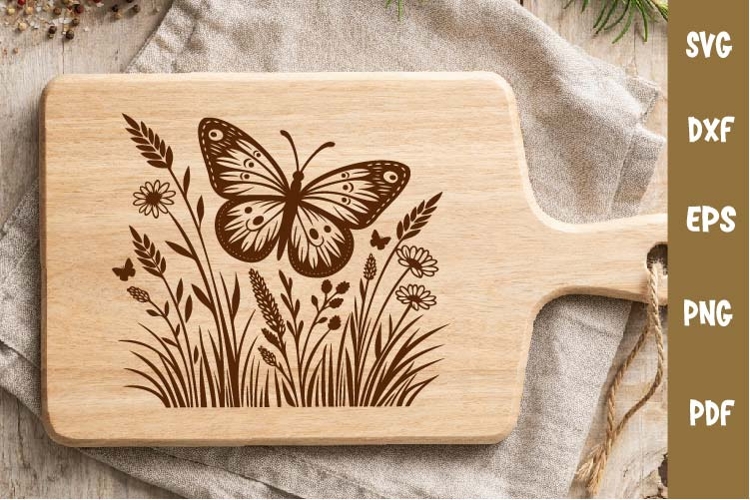 Floral Design, Wildflowers and Butterfly, Cutting board SVG