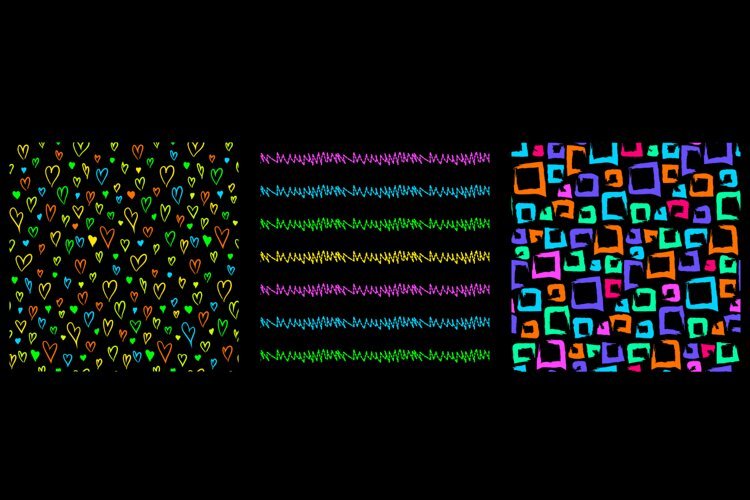 Colorful Doodle Hearts and Squares Seamless Patterns example image 1