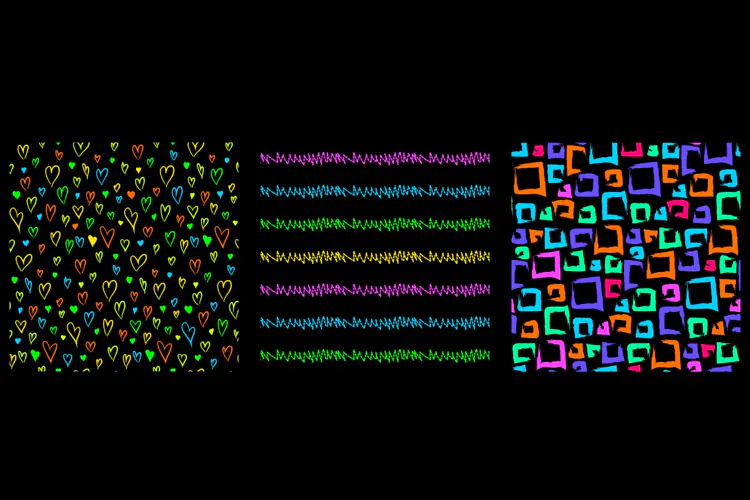 Colorful Doodle Hearts and Squares Seamless Patterns