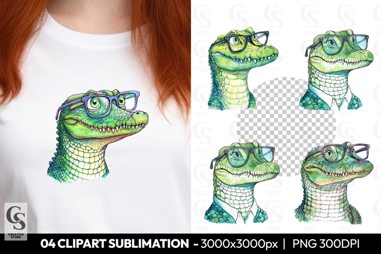 Cartoon Alligator With Glasses Watercolor Clipart