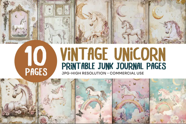 Vintage Unicorn Junk Journal Pages