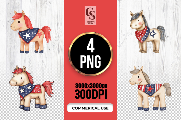 Cute Horse Patriotic Bandana Watercolor Clipart PNG