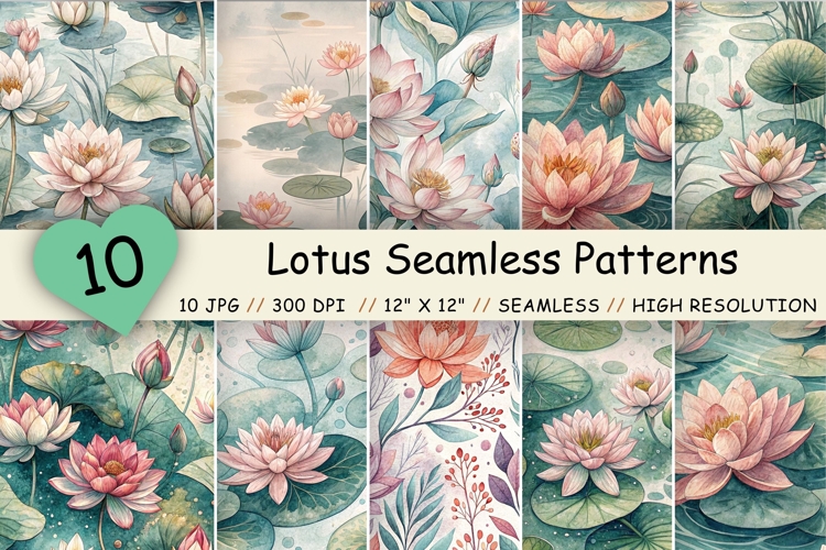 Lotus Seamless Patterns, Water Lily Digital Paper Pack