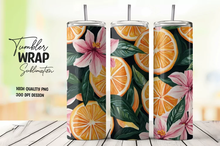 Orange with Leaves and Flowers Tumbler Wrap Sublimation