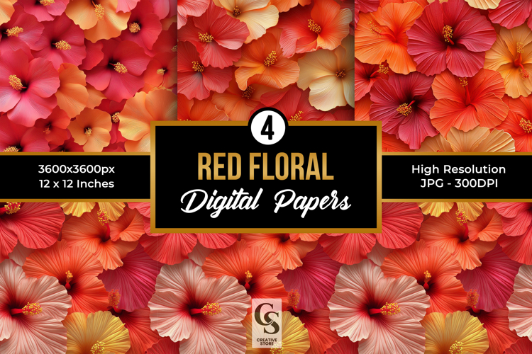 Red Hibiscus Floral Digital Paper example image 1