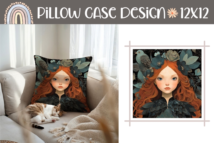 Red Hair Girl Pillow Case Design, Cartoon Girl Sublimation