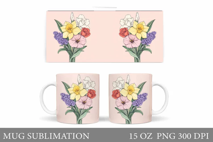 Flowers Mug Sublimation. Floral Mug Wrap Design