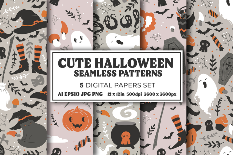 Seamless Halloween Digital Papers set, Cute Pattern Design