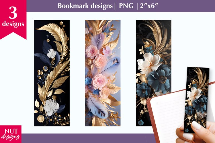 Feathers Golden flowers bookmark Floral Bookmark sublimation example image 1