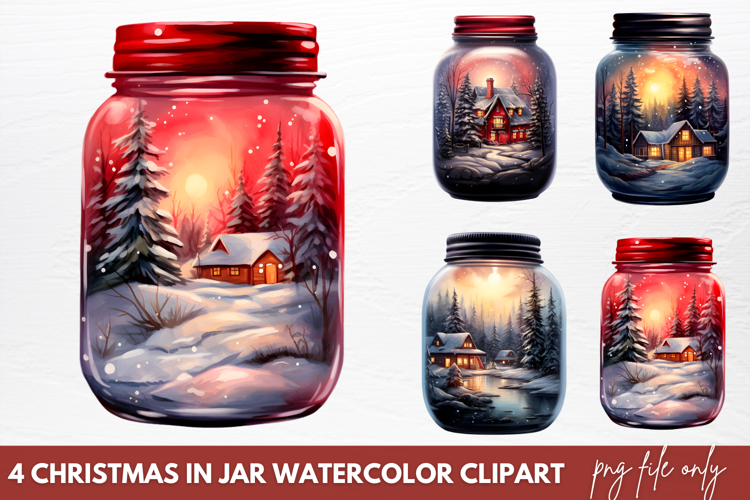 Christmas in Jar Watercolor Clipart PNG