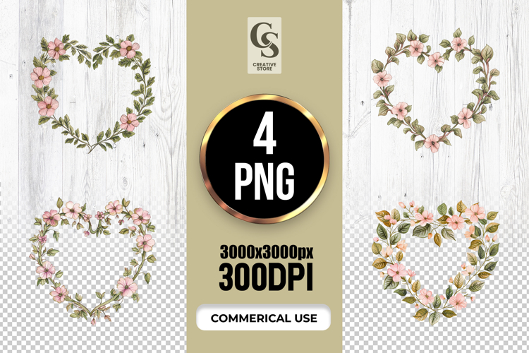 Watercolor Pink Floral Heart Wreath Clipart Sublimation PNG