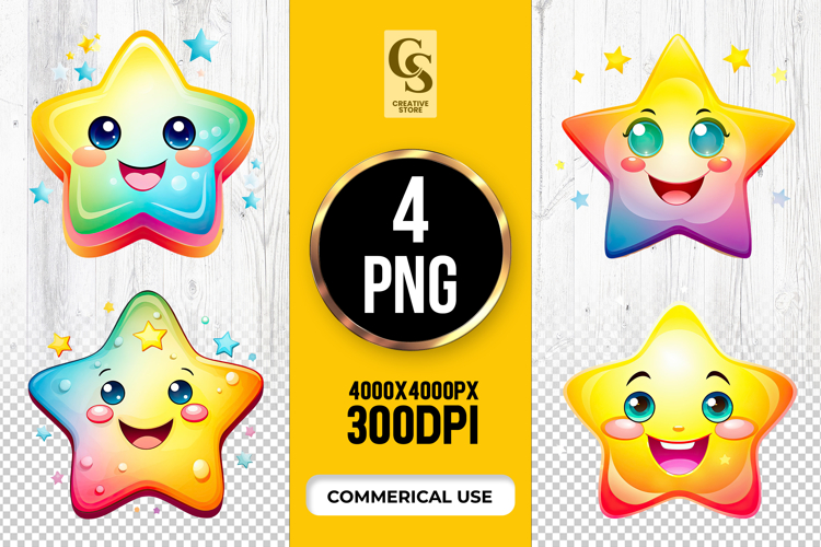 Cute Rainbow Kawaii Star Faces Clipart Sublimation PNG