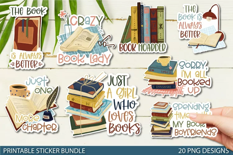 Book Lover Printable Sticker Bundle | Printable PNG Stickers