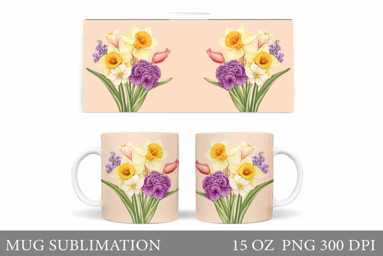 Flowers Mug Sublimation. Floral Mug Wrap Design
