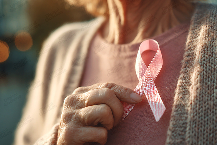 Senior Woman Holding Pink Awareness Ribbon - Hope Support