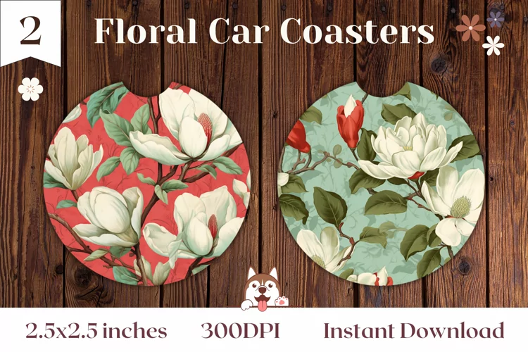 Magnolia Round Car Coasters Designs, Magnolia Sublimation