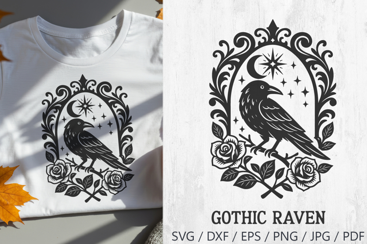 Gothic Raven with Roses and Moon Halloween SVG PNG Clipart