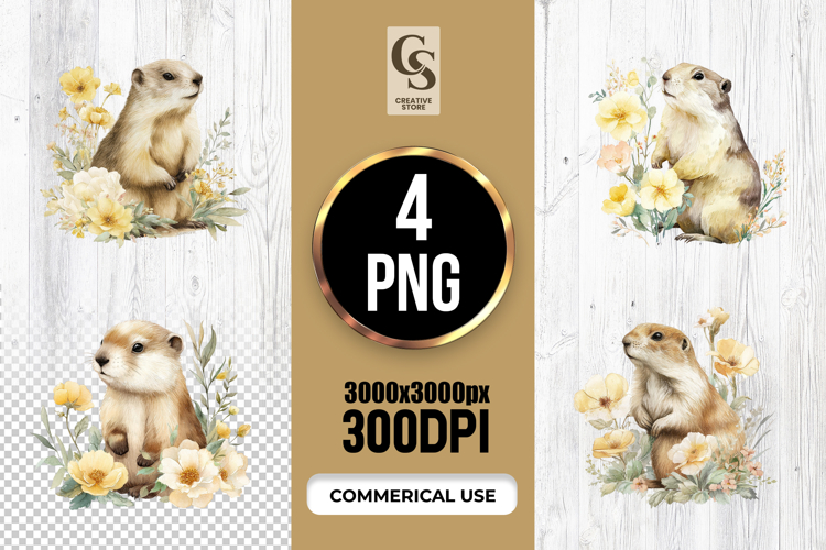 Watercolor Prairie Dog With Flowers Clipart Sublimation PNG