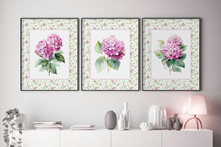 Watercolor Pink Hydrangea Set of 3 Prints