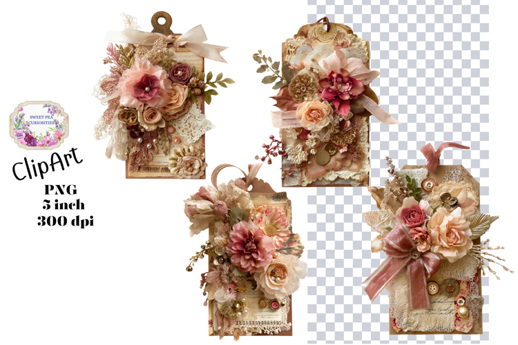Tags, Flowers, Label, Ephemera, PNG, Junk Journal, clipart