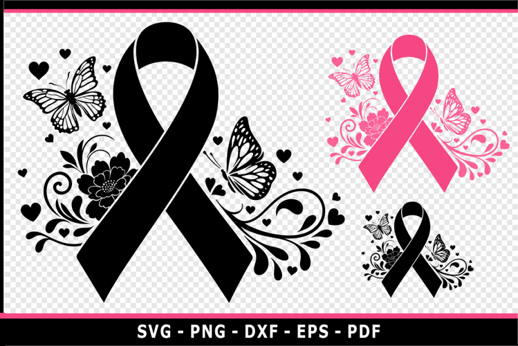 Black, pink breast cancer ribbon awareness floral butterfly