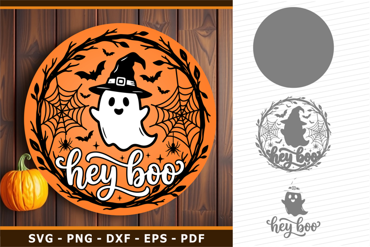 Hey Boo, Halloween Round Door Sign SVG PNG Laser Cut Files