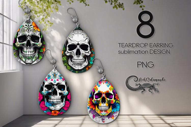 Skull and flowers | Halloween Teardrop earring sublimation