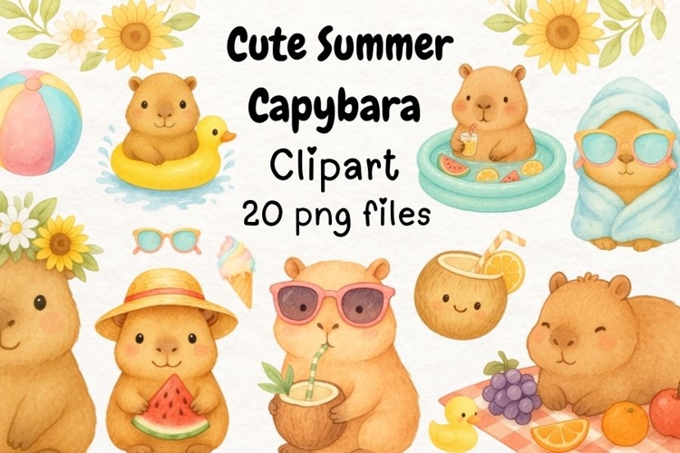 Cute Summer Capybara Watercolor Clipart | Tropical Animals