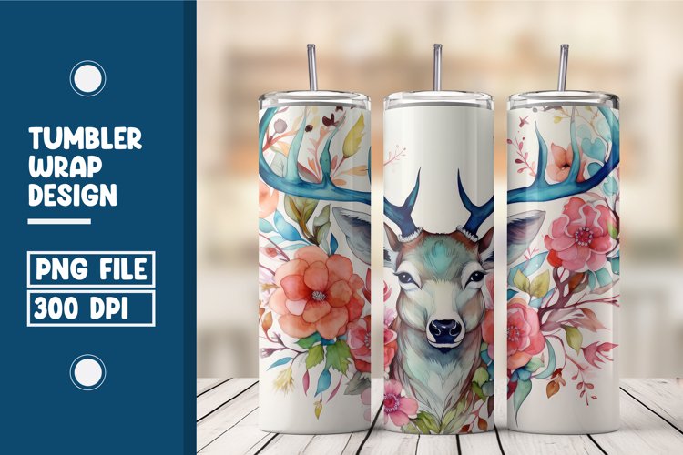 Deer Surrounded By Flowers Watercolor Tumbler Warp Design