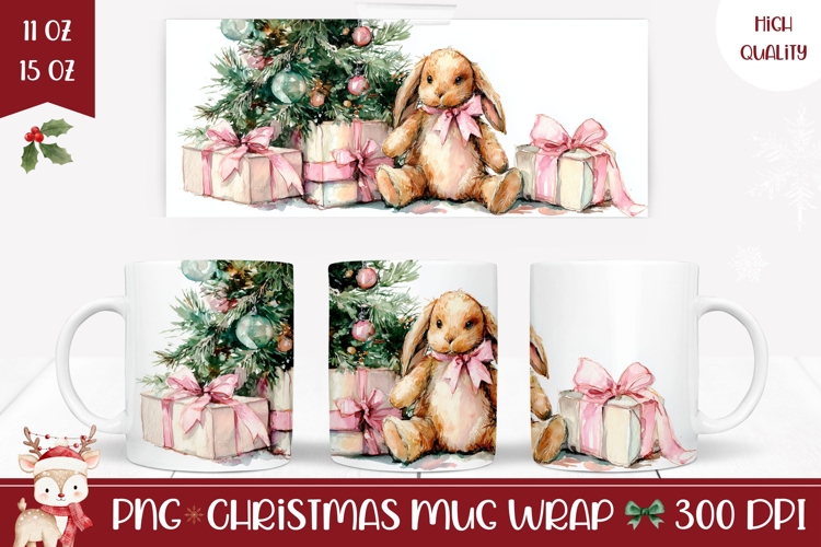Cartoon Christmas Bunny Mug, Christmas Tree Mug Template