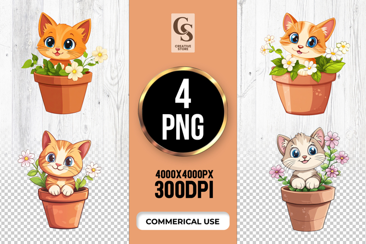 Cute Cat in Flower Pot Clipart Sublimation PNG