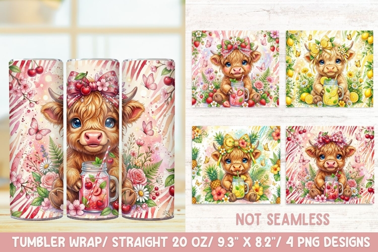 Summer Fruits Highland Cow 20 OZ Skinny Tumbler Wrap Png.