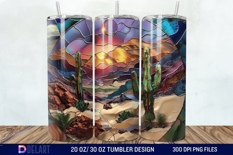 3D Tranquil Desert Oasis Stained Glass Tumbler Wrap example image 1