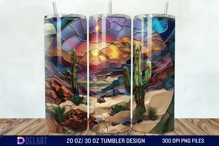 3D Tranquil Desert Oasis Stained Glass Tumbler Wrap