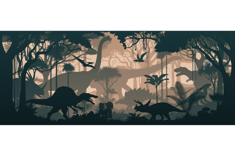 Seamless vector tropical forest with Stegosaurus, T-rex