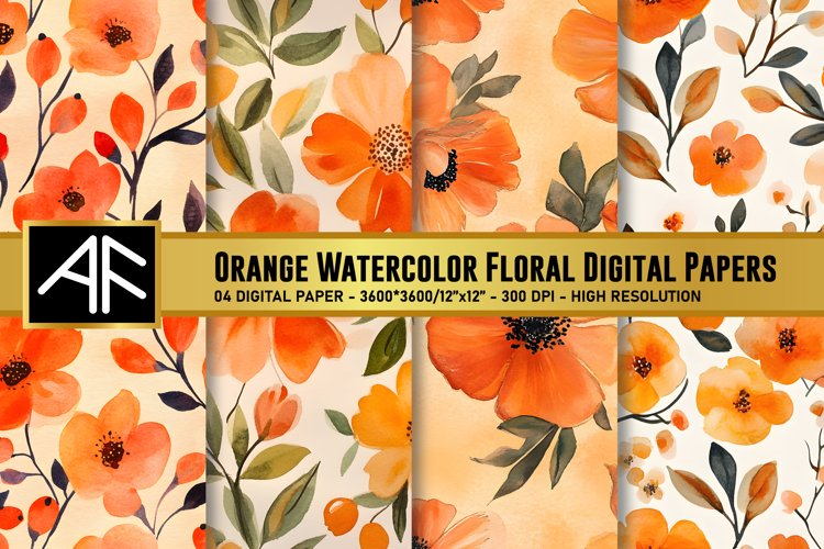Orange Watercolor Floral Digital Paper Patterns