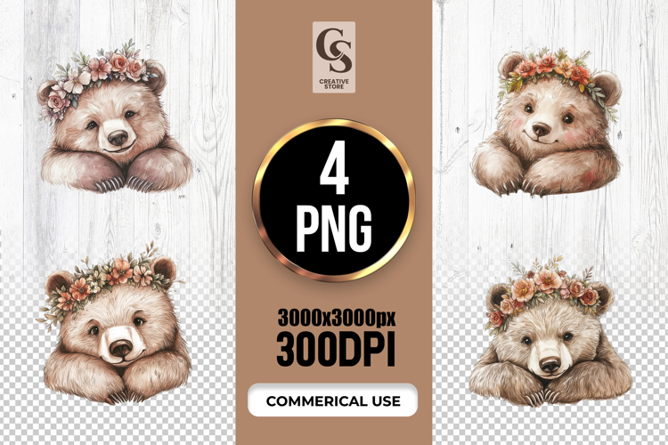 Cute Bear with Flower Crown Watercolor Clipart PNG