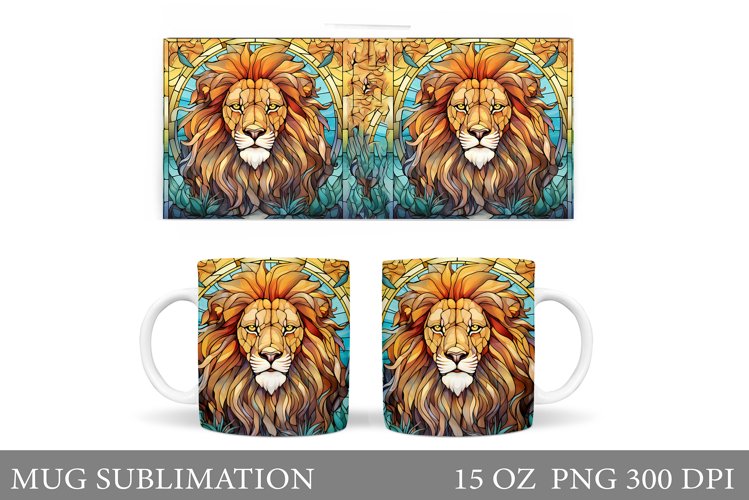 Lion Mug Wrap Sublimation. Stained Glass Lion Mug Design
