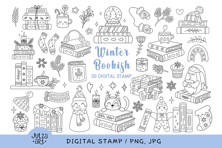 Winter Books Digital Stamp, Bookish Coloring Page Doodle
