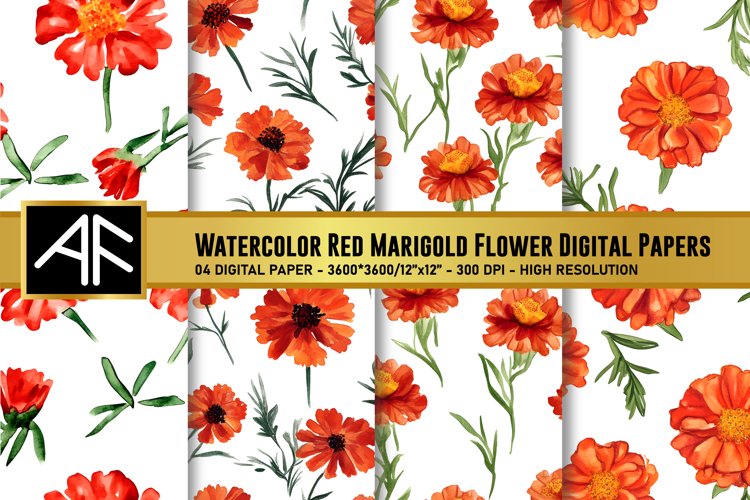 Watercolor Red Marigold Flower Digital Papers