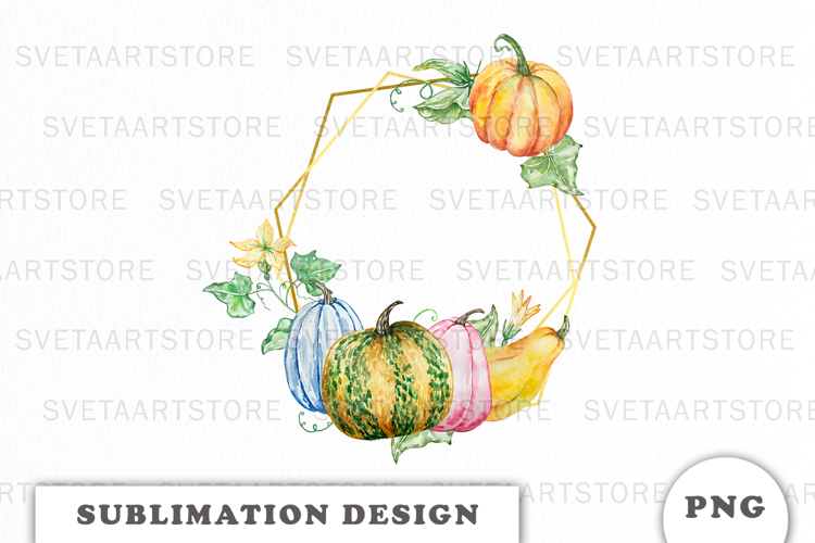 Watercolor Autumn Pumpkins Gold Frame png