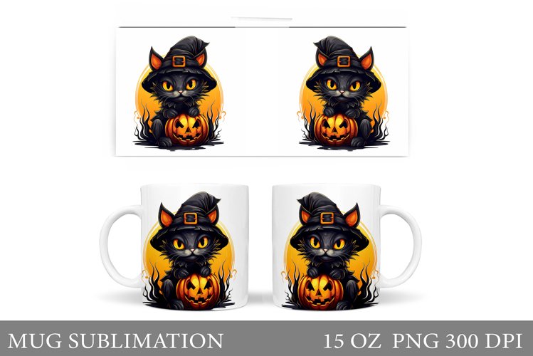Black Cat Mug Wrap Design. Halloween Mug Wrap Sublimation