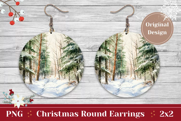 Christmas Earring, Watercolor Winter Forest Sublimation