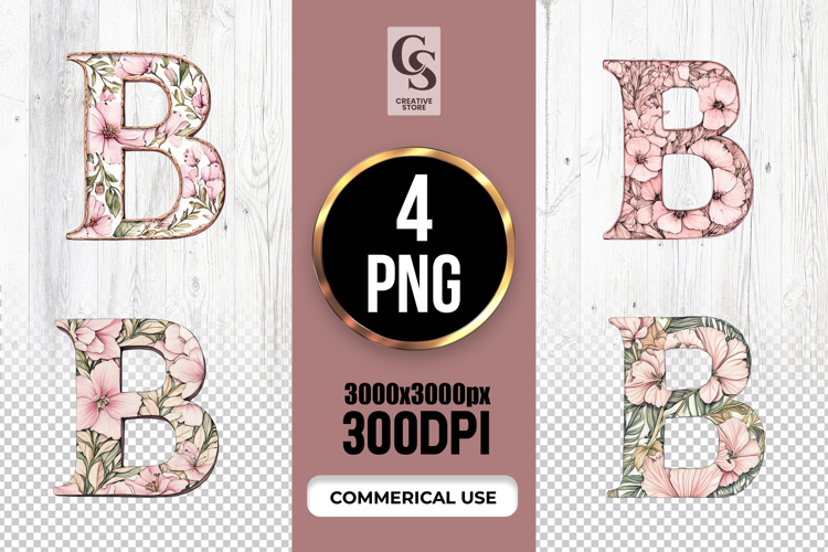 Floral Letter B Watercolor Monogram Clipart Sublimation PNG