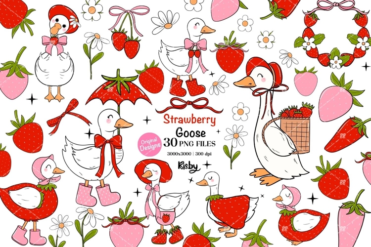 Strawberry Silly Goose Clipart, Spring Summer Coquette Geese