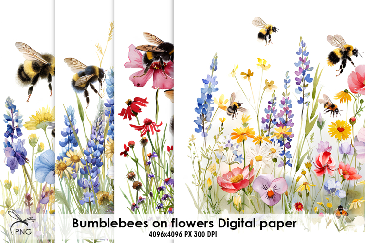 Bumblebees on flowers digital paper, background clipart