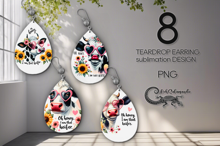 Cows & flowers | 8 Teardrop earring sublimation designs example image 1