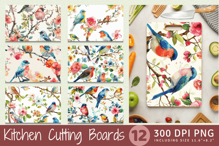 Watercolor Floral Birds Cutting Boards sublimation Designs example image 1