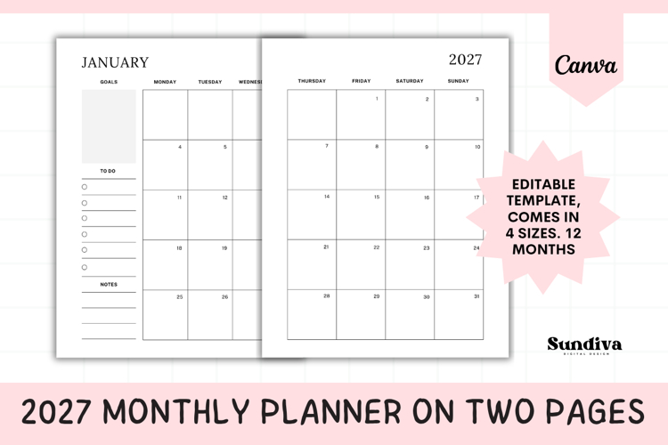 2027 Dated Monthly Planner On Two Pages Editable Template