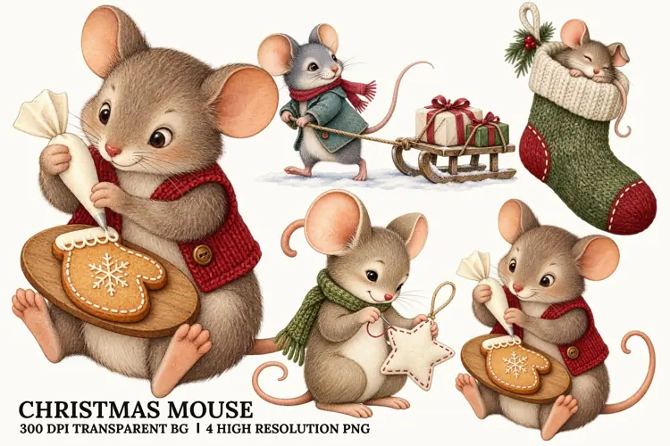 Christmas Mouse PNG, Cute Winter Holiday Sublimation Art